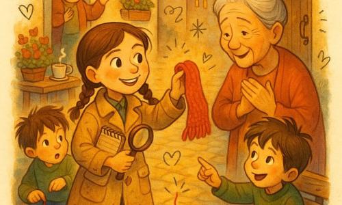 Protagonista e o fetiță detectiv de circa 11 ani, ochi vioi și cozi brune, purtând o hăinuță bej ușor tocită, ținând un caiet spiralat și o lupă, zâmbind mândră în timp ce întinde un fular roșu din lână; proprietara fularului e o femeie în vârstă de ~75 de ani, cu față blândă, riduri drăguțe, părul gri prins coc, ținând o mână la piept și emoționată pe când primește fularul; un băiat de ~8 ani e așezat pe o bancă de lemn, păr zbârlit, privire uimită, arătând spre o bucată mică de lână roșie găsită sub bancă; o vecină de ~65 de ani, mică și rotunjoară, stă retrasă lângă ușă făcând un gest de aprobare, expresie ștrengărească și binevoitoare; cadru: o alee pavată la amurg, case pastelate cu jardiniere cu flori, o bancă scorojită, o ușă cu ferronnerie veche și o ceașcă de ceai încă fumegândă pe o masă lângă intrare; situația principală vizuală: fetița detectiv înapoiază fularul roșu cald bătrânei în fața ușii înflorite, copiii aplaudă încet, culori calde (roșu, galben, portocaliu blând), texturi vizibile (lână groasă, lemn cojit, pietre ude), compoziție centrată pe gestul predării fularului.