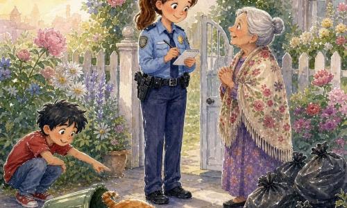 Una policía sonriente, Clara, de rostro amable y coleta, uniforme azul claro, escribe en un pequeño cuaderno y explica con calma la solución frente a la casa de la señora Pérez; la señora Pérez, anciana baja con chignon y châle floreado, está junto a bolsas de basura esparcidas, aliviada y emocionada; el niño Miguel, curioso y tímido, señala a un gran gato rojizo que juega con una bolsa de plástico mientras gatitos atigrados lo rodean; jardín pequeño con valla blanca, flores coloridas y un contenedor verde volteado, luz suave de mañana; vecinos observan, ambiente apacible y cooperativo; estilo: acuarela luminosa, contornos delicados, colores pastel y textura de papel, composición centrada en Clara y la señora Pérez.