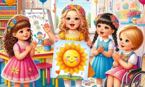 In einem bunten Klassenzimmer stehen vier kleine Mädchen von drei Jahren im Kreis, umgeben von festlichen Dekorationen. **Emma** hat lockige braune Haare und trägt ein leuchtend gelbes Kleid. Sie lächelt breit, während sie ein großes Bild mit einer lächelnden Sonne hält. **Lina** hat geflochtene blonde Haare und trägt ein rosa Kleid. Sie klatscht im Rhythmus des Liedes, das sie singen, ihre Augen strahlen vor Freude. **Sophie** hat glattes kastanienbraunes Haar und trägt ein blaues Kleid. Sie singt leise mit einem sanften Lächeln und hält ein kleines Herz aus Papier. **Mia** hat glattes schwarzes Haar und sitzt in ihrem hübschen, mit Blumen dekorierten Rollstuhl. Sie lächelt groß und hält eine bunte Karte voller Zeichnungen und Glitzer. Der Raum ist mit bunten Ballons und Papierblumen geschmückt, die Tische sind mit Zeichnungen und handgemachten Karten bedeckt. Die vier Freundinnen bereiten eine besondere Überraschung zum Muttertag vor, singen und zeigen stolz ihre Kunstwerke, strahlend vor Glück und Aufregung.