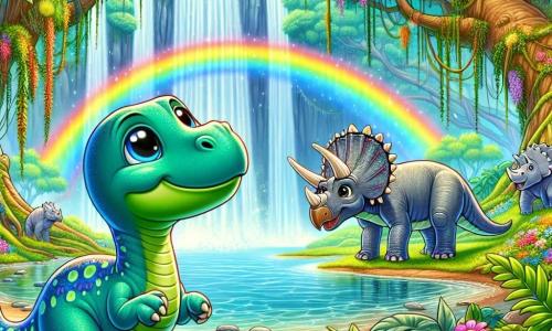Een jonge diplodocus genaamd Dippy, met een lange en gracieuze nek, glanzende groene schubben en grote ronde ogen vol verwondering, staat aan de rand van een prachtige waterval. Hij kijkt opgewonden naar het glinsterende water dat in een regenboog valt, zijn voorpoten iets opgetild alsof hij klaar is om op avontuur te gaan. Naast hem leunt Timmy, een triceratops met goed zichtbare hoorns en een grijzige huid, nieuwsgierig naar voren, terwijl hij de scène met bewondering observeert. Rexy, een vriendelijke T-rex, staat iets verder weg met een blije uitdrukking op zijn gezicht, zijn grote poten stevig in de grond verankerd, klaar om deze ontdekking te delen met zijn nieuwe vrienden. De locatie is een weelderige jungle, vol grote bomen met gigantische bladeren, kleurrijke bloemen en hangende lianen, terwijl het rustgevende geluid van stromend water een magische sfeer creëert. De belangrijkste situatie toont Dippy, Timmy en Rexy die samen de schoonheid van de waterval ontdekken, vol enthousiasme en vriendschap, klaar om de wonderen van hun nieuwe omgeving te verkennen.
