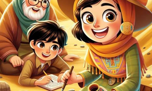 Dr. Layla, an enthusiastic archaeologist in her thirties, wears a large brown hat and sunglasses. With her brown hair tied in a ponytail and a bright smile, she crouches in the golden sand, holding a small brush and a trowel, her eyes sparkling with excitement as she uncovers an ancient ceramic pot. Beside her, Amir, a 10-year-old boy with black hair and curious eyes, attentively observes while sketching what he sees, sitting on a flat stone. Nana, an elderly woman around 50 with gray hair and a colorful shawl, takes notes in a notebook, standing near Dr. Layla with a focused and caring expression. The setting is an archaeological site in the Iranian desert, surrounded by golden sand dunes under a bright blue sky, with old stones and pottery fragments scattered around, creating an atmosphere of mystery and adventure. The main scene shows Dr. Layla discovering an ancient pot while her friends encourage her with smiles, all united in their quest to uncover the secrets of the past.