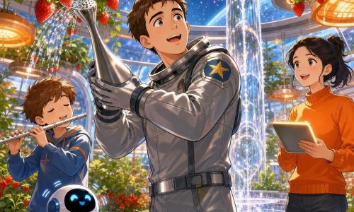 A man, Jonah, an astronaut with short brown hair, an amazed face and gentle smile in a shiny gray suit with a star badge waters small hanging strawberries with a metal watering can shaped like a spout, a woman, Dr. Suri, an adult with tied black hair and a bright orange sweater smiles while holding a glowing tablet slightly behind Jonah to his right, a boy, Leo, about 8 with chestnut hair enthusiastically plays a flute near a small robot to Jonah's left, Pip, a small round white-and-blue robot with glowing eyes holds a cup and vibrates happily on the floor between Jonah and Leo, the scene is a bright round space greenhouse with a transparent glass dome, green plants, hanging strawberries, orange solar lamps and a central glass fountain pillar sparkling with silvery water, Jonah waters while Leo plays, the fountain reactivates and sparkling droplets float, warm pastel colors and star reflections through the dome