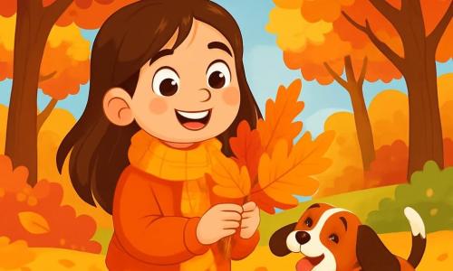 Een 8-jarig meisje met lange bruine haren en nieuwsgierige ogen staat in het midden van een herfstbos. Ze draagt een feloranje trui en een wollen sjaal, haar wangen zijn roze van opwinding. Ze houdt een prachtig gouden en oranje loof in haar handen en glimlacht verwonderd. Naast haar springt een kleine beagle met grote hangoren vrolijk in de bladeren, zijn staart kwispelend van blijdschap. Op de achtergrond rijzen majestueuze bomen met vlammenrode, gele en gouden bladeren omhoog naar de heldere blauwe lucht, terwijl de grond bedekt is met een dikke laag kleurrijke bladeren. De scène toont het meisje en haar hond die de mooiste herfst zoeken, omringd door de magie van de natuur, met zonnestralen die door de takken filteren en hun herfstavontuur verlichten.