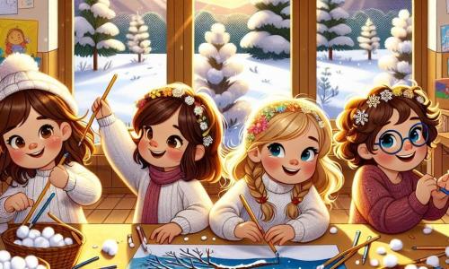 Cuatro niñas de cuatro años, Ana, Lucía, Marta y Sofía, están reunidas alrededor de una gran mesa de madera en un aula luminosa. Ana, con cabello castaño y ojos brillantes, pega trozos de algodón para crear montañas de nieve. Lucía, de cabello rubio y trenzas, usa papel azul para dibujar un lago helado, su rostro iluminado por la emoción. Marta, con cabello castaño y una sonrisa radiante, dibuja un árbol sin hojas, mientras que Sofía, con cabello rizado y gafas, añade estrellas doradas al cielo del mural. La escena transcurre en un aula acogedora, decorada con dibujos coloridos y guirnaldas de papel. Por la ventana, se ven copos de nieve cayendo suavemente, cubriendo el jardín con un manto blanco brillante. Las cuatro amigas están creando un hermoso mural de invierno, representando un paisaje nevado, mientras ríen y comparten ideas sobre la belleza de la temporada.