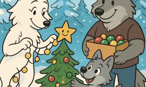 Een kleine wolf met een zachte grijze vacht en stralende ogen hangt een gouden ster bovenaan een kleine kerstboom. Zijn moeder, een wolf met een witte vacht en vriendelijke ogen, staat naast hem, glimlachend terwijl ze een lichtslinger aanpast. De vaderwolf, stevig en geruststellend, houdt een doos met kleurrijke versieringen vast, staand naast de boom. Ze bevinden zich in een besneeuwde open plek, omringd door grote bomen bedekt met fonkelende sneeuw. De boom is versierd met kleine rode en groene ballen, en gele lichtjes verlichten zachtjes de scène.