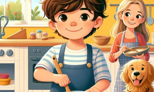 Un niño de 9 años, Lucas, con cabello marrón despeinado y una gran sonrisa, está de pie en una cocina colorida, rodeado de ingredientes frescos. Lleva un delantal azul un poco grande para él y sostiene una espátula de madera, luciendo concentrado y alegre, listo para preparar una sorpresa para su papá. A su lado, su mamá, una mujer de unos treinta años con cabello largo y rubio, sonríe mientras lo observa, sosteniendo una bandeja de pasteles recién horneados. En un rincón, su perro Max, un golden retriever de pelaje dorado, los mira con ojos brillantes, ansioso por probar la comida. La cocina es luminosa, con paredes amarillas, estanterías llenas de tarros de especias coloridos y una ventana abierta que deja entrar la luz del sol, creando una atmósfera cálida y acogedora. La escena principal muestra a Lucas mezclando ingredientes en un gran bol, mientras el aroma dulce de la repostería llena el aire, ilustrando el amor y la magia de una preparación para el Día del Padre.
