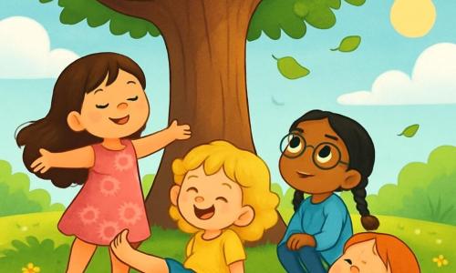 W parku bawi się cztery dziewczynki: Ania (7 lat, długie brązowe włosy, różowa sukienka), Basia (6 lat, kręcone blond włosy, żółta koszulka, dżinsowe szorty), Kasia (7 lat, czarne warkocze, okrągłe okulary, niebieska tunika) i Zosia (6 lat, rude włosy, piegi, zielona sukienka). Siedzą w kręgu pod dużym drzewem, trzymając mały błyszczący kryształ, który emituje delikatne światło. W parku jest zielono, a na niebie białe chmurki. Dziewczynki relaksują się, zamykając oczy i pozwalając zmartwieniom odejść, jak liściom niesionym przez wiatr.