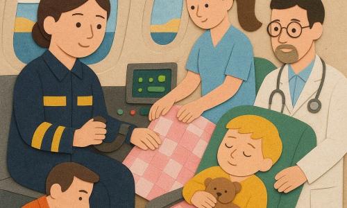 Kobieta pilotka, 34 lata, krótkie brązowe włosy, skupiony uśmiech, trzyma drążek, w granatowym kombinezonie z odblaskami, siedzi w kokpicie przed okrągłymi zegarami i prostokątnymi ekranami; pielęgniarka, 32 lata, długie włosy związane w kitkę, delikatna, przykrywa kratkowanym kocem małego chłopca; ratownik, 30 lat, lekka broda, klęczy i odkłada czerwoną apteczkę po lewej; lekarz, 40 lat, w okrągłych okularach, trzyma srebrny stetoskop i sprawdza monitor z zielonymi światłami; chłopiec, 4 lata, blond, śpi, trzyma brązowego misia, owinięty w różowy koc, leży na pochyłym fotelu w środku; wnętrze sanitarki lotniczej: kremowe ściany o fakturze papieru, owalne okna z widokiem na złociste wybrzeże i niebieskie morze, zielone fotele, żółte pasy, czerwone skrzynki medyczne i wisząca okrągła lampa; scena: samolot leci nad połyskującym wybrzeżem, pilotka obsługuje stery, załoga opiekuje się chłopcem, instrumenty migoczą jak pastylki.