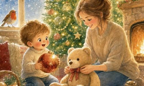 The main character is two-year-old Max, round-faced with rosy cheeks and a delighted smile, holding a shiny Christmas bauble in his chubby hands; his mother, about 30, with light brown hair in a soft bun, sits nearby smiling as she places a beige plush teddy under a decorated green tree; a bright-red robin perches on the windowsill singing as large snowflakes fall outside; the warm, cozy living room has a red rug, golden-star ornaments, warm fairy lights and a stone fireplace with small orange flames, creating a gentle, luminous Christmas moment.