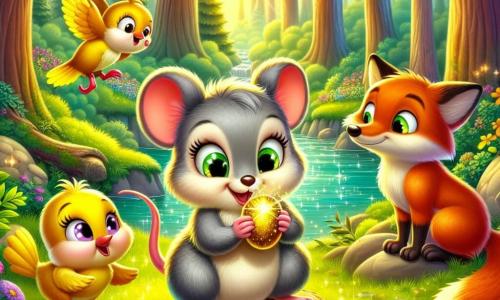 Eine kleine Maus namens Mia, mit weichem grauem Fell und funkelnden neugierigen Augen, steht im Zentrum der Szene und hält eine glänzende goldene Nuss in ihren kleinen Pfoten, ihr Gesicht strahlt vor Staunen und Aufregung. Rechts von ihr fliegt ein kleiner Vogel namens Pip, mit leuchtend gelben Federn und einem leuchtend roten Schnabel, fröhlich um sie herum und singt eine fröhliche Melodie. Links sitzt ein schlauer Fuchs namens Fred, mit feurig rotem Fell und einem buschigen Schwanz, auf einem Stein und beobachtet die Szene mit einem schelmischen Lächeln, bereit, seinen Freunden zu helfen. Der Ort ist eine wunderschöne Lichtung im Wald, durchflutet von goldenem Licht, umgeben von hohen Bäumen mit leuchtend grünen Blättern, gespickt mit bunten Blumen, die im Wind tanzen. Im Hintergrund schlängelt sich ein glitzernder Bach durch das Grün und verleiht der Umgebung einen Hauch von Magie. Die Hauptsituation zeigt Mia, die von der magischen Nuss, die sich gerade öffnet, begeistert ist, während sie zu wachsen beginnt, umgeben von ihren Freunden, die sie in diesem unglaublichen Abenteuer ermutigen.