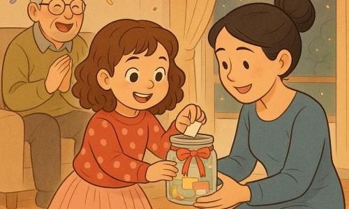 Menina de 8 anos, olhos grandes e brilhantes, cabelos castanhos cacheados até os ombros, rosto redondo e sorridente, veste suéter vermelho com bolinhas brancas e saia de tule rosa; segura delicadamente um pote de vidro decorado com fitas e coloca um bilhete dentro, postura entusiasmada; mulher de cerca de 35 anos, mãe, cabelo preto preso em coque, vestido azul de mangas longas, sorridente e ajoelhada ao lado para ajudar a segurar o pote; homem de cerca de 70 anos, avô, cabelo grisalho e óculos redondos, suéter verde mostarda, sentado no sofá à esquerda, rindo e aplaudindo; sala de estar acolhedora com tapete bege, luzes amarelas penduradas, mesa de madeira com doces, cortinas transparentes que deixam ver fogos de artifício, reunião familiar na véspera, cena íntima e festiva com a menina colocando uma folha de gratidão no pote enquanto a família a incentiva, atmosfera iluminada, cores quentes e detalhes de festa.
