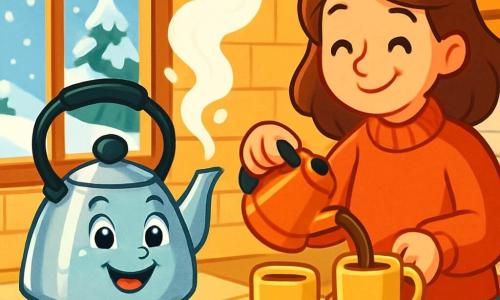Uma chaleira de metal brilhante, chamada Lili, está sobre um fogo vivo em uma cozinha acolhedora, com um sorriso alegre e olhos brilhantes de felicidade. Ela exala vapor suave que dança no ar fresco do inverno. Ao lado dela, uma mãe sorridente, vestida com um suéter de lã vermelho, enche xícaras de chocolate quente, seu rosto irradiando ternura e calor. A cozinha é pequena e acolhedora, com paredes de madeira clara, uma janela com vista para um jardim coberto de neve, onde flocos de neve caem suavemente. Nessa cena, Lili prepara água quente para aquecer os corações de sua família em um frio dia de inverno, enquanto a luz dourada da cozinha contrasta com o branco brilhante da neve do lado de fora.