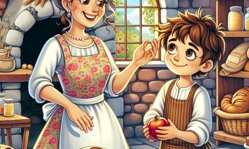 Dona Clara é uma mulher de cinquenta anos, com cabelos castanhos presos em um coque, olhos brilhantes de alegria e um sorriso caloroso. Ela usa um bonito avental florido e está amassando uma massa de pão em sua cozinha, cercada por sacos de farinha e utensílios de padaria. Ao seu lado está Miguel, um garoto de dez anos, com cabelos castanhos bagunçados e olhos curiosos. Ele está em um banquinho, observando Dona Clara com um olhar maravilhado, segurando uma maçã nas mãos. A cena ocorre na charmosa padaria 