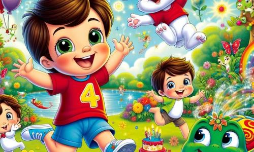 Um menino de 4 anos chamado Pedro, com cabelos castanhos e olhos brilhantes de alegria, usa uma camiseta vermelha e um short azul. Ele salta de felicidade no meio de um jardim mágico, cercado por flores coloridas que parecem sorrir. Ao seu lado, um coelhinho travesso chamado Pipo, com pelagem branca e grandes orelhas, faz acrobacias alegres, adicionando dinamismo à cena. Um pouco mais longe, a tartaruga Tuca, com sua carapaça verde decorada com padrões coloridos, observa com um sorriso gentil, pronta para revelar uma surpresa. O jardim está repleto de flores vibrantes, árvores com folhas douradas e um lago cintilante ao fundo, onde peixes coloridos saltam alegremente fora da água. A cena principal mostra Pedro, radiante de felicidade, cercado por seus amigos, celebrando seu aniversário com balões flutuantes e um bolo de festa, enquanto criaturas mágicas, como fadas e duendes, dançam ao redor, criando uma atmosfera festiva e encantada.
