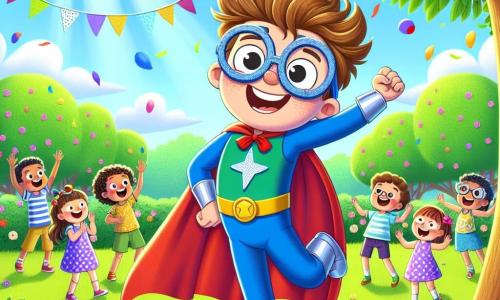Un supereroe di nome Pipo, un uomo con un costume colorato e occhiali rotondi, sta ballando felicemente in mezzo a una festa. Il suo viso è raggiante di felicità, con un grande sorriso che mostra i suoi denti bianchi. I suoi capelli sono disordinati e ha un mantello che fluttua dietro di lui, aggiungendo un tocco comico alla sua postura. Intorno a lui, diversi bambini ridono e applaudono. Tra loro, una ragazza di 7 anni con due codini e un vestito a pois, che alza le braccia in aria, e un ragazzo di 8 anni con una maglietta blu e occhiali da sole, che fa gesti di danza. Sono tutti in piedi su un prato verde, circondati da palloncini colorati. La scena si svolge in un parco soleggiato, con alberi frondosi e fiori vivaci tutto intorno. Un grande cartello "Festa dei Supereroi" è appeso a un albero, creando un'atmosfera festosa. Pipo, il supereroe comico, balla con entusiasmo, facendo ridere tutti i bambini che lo circondano, creando un'atmosfera gioiosa e piena di vita.