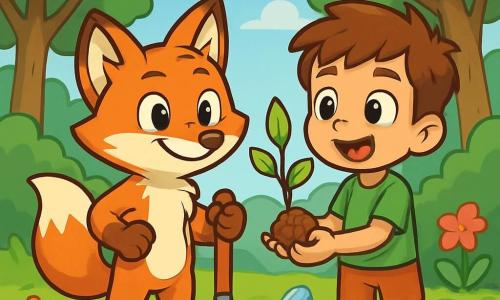 Un giovane volpe dai peli rossi brillanti, con grandi occhi curiosi e un sorriso determinato, si trova al centro dell'immagine, tenendo una piccola pala di legno, pronto a piantare un albero. Accanto a lui, un giovane ragazzo dai capelli castani e occhi scintillanti, vestito con una maglietta verde e pantaloni corti, guarda la volpe con ammirazione, tenendo un giovane albero tra le mani, pieno di entusiasmo. Sullo sfondo si estende una foresta verdeggiante, con alberi maestosi e fiori colorati che danzano nella leggera brezza. Alcuni pezzi di plastica sono sparsi sul terreno, ma l'atmosfera è piena di speranza e determinazione, mentre la volpe e il ragazzo si preparano a fare la differenza per il loro ambiente.
