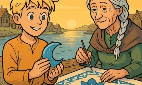 A young man named Soren, with tousled blond hair and sparkling blue eyes, stands on a wooden dock, holding a moon-blue shell in his hands. His face shows gentle determination and a sense of wonder. Beside him, an elderly woman named Halla, with silver hair and a wrinkled yet kind face, watches with a warm smile. She is painting a large banner with Nordic patterns. In the background, the coastal village is visible, with wooden houses and thatched roofs lining a calm, shimmering sea under the golden twilight. The main scene depicts Soren and Halla collaborating to create a magical banner symbolizing unity and peace in the village.