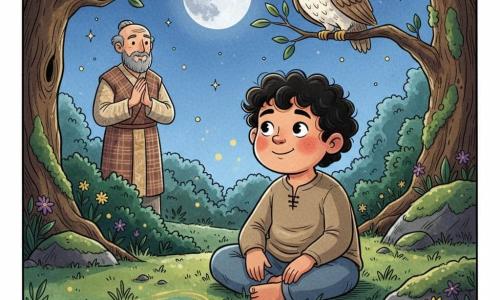 A boy named Kantu with a round face, warm skin, curly black hair and large, amazed eyes sits on the ground smiling softly and listening attentively with his hands on his knees, showing curiosity and peace with slightly raised brows and pink cheeks; an elderly man of about 70, the village ancestor, stands in the background left with a beard, woven robe and benevolent expression, hands clasped as if telling a legend; a white-and-brown owl perches on a branch above Kantu, head tilted watching; the setting is a moonlit clearing in a valley with dark green waving grass, purple and yellow flowers, mossy rocks and twisted trunks under a large silver moon in an indigo starry sky; around Kantu’s feet the ground shows luminous golden and blue ripples like echo waves suggesting the invisible giant’s steps and small glowing particles float—calm, magical nighttime scene centered on Kantu with soft contrasts of shadow and colored light.