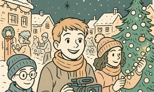 A 12-year-old boy named Oliver, with sparkling eyes and a warm smile, stands at the center of the stage, wearing a thick coat and a wool scarf. He holds a camera in his hands, capturing the magic of Christmas. To his right, a 12-year-old girl, Emma, with curly hair and wearing a wool hat, adjusts a string of lights on a decorated Christmas tree. To his left, a 12-year-old boy, Max, with round glasses and a pom-pom hat, looks at his tablet screen to check the shots. They stand in a snowy street in Littlewood, where houses are adorned with twinkling lights and holly wreaths. The main scene shows the trio creating a Christmas film, surrounded by smiling neighbors cheerfully decorating their homes, under a starry sky with snowflakes gently falling.