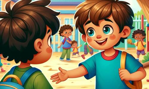 Un niño de 7 años, llamado Pedro, con cabello castaño desordenado y ojos llenos de curiosidad, está en el centro de la imagen, sonriendo ampliamente mientras extiende la mano hacia un nuevo compañero. Lleva una camiseta azul brillante y un pantalón corto amarillo, y su mochila azul está a sus pies. A su lado, otro niño de 7 años, llamado Martín, con cabello negro rizado y ojos tímidos, mira a Pedro con una sonrisa dudosa, vistiendo una camiseta verde y un pantalón beige. Están en el patio de la escuela 