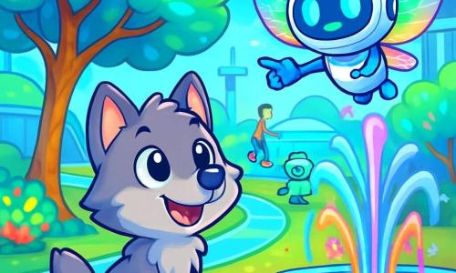 Lupo, un lup mic cu blană argintie și ochi strălucitori, se află în centrul unui parc futurist, cu urechile ridicate și un zâmbet uimit, observând copacii cu frunze luminescente care dansează în vânt. Lângă el, Lira, un dronă-ghid cu aripi holografice strălucitoare, plutește veselă, având o expresie prietenoasă și încurajatoare, arătând cu degetul spre o fântână interactivă care proiectează jeturi de apă colorate. În fundal, parcul este plin de structuri futuriste, cu alei din sticlă transparentă și copii jucându-se pe hoverboard-uri, în timp ce roboți grădinari se îngrijesc de plantele vibrante. Lupo descoperă magia acestei lumi, uimit de culorile strălucitoare și tehnologiile uimitoare care îl înconjoară.
