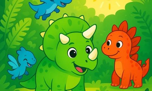 Un triceratops fericit, cu o piele verde strălucitoare și coarne albe, stă în centrul scenei, cu ochii strălucind de excitație. El explorează o pădure luxuriantă, înconjurată de ferigi uriașe și flori colorate, în timp ce un raze de soare filtrează prin frunze. În dreapta sa, Dodo, un dinozaur cu o coadă spinoasă și solzi roșii, îl observă cu curiozitate, cu ochii mari și un zâmbet prietenos. În stânga, Lila, un mic dinozaur cu aripi delicate și piele albastră, zboară vesel în jurul lui Tibi, râzând și făcând piruete în aer. Scena se desfășoară într-o poiană însorită, plină de culori vii și sunete ale naturii. Tibi, intrigat de un zgomot misterios venind din tufișuri, se pregătește să se aventureze spre necunoscut, plin de curaj și curiozitate.