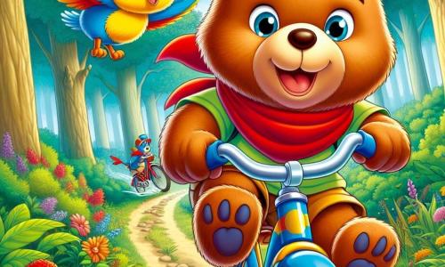 Berenpiet, een glimlachende teddybeer met een zachte bruine vacht en sprankelende ogen vol vastberadenheid, trapt enthousiast op zijn glanzende blauwe fiets, zijn poten stevig op de pedalen, terwijl de wind zijn rode sjaal lichtjes opwaait. Naast hem vliegt Fladder, een kleurrijke vogel met stralende blauwe en gele veren, vrolijk in cirkels om hem heen, met een uitdrukking van aanmoediging en opwinding. De achtergrond is een prachtig groen bos, met majestueuze bomen met helder groene bladeren, kleurrijke bloemen op de grond en een kronkelig pad van aarde dat door de scène slingert. De belangrijkste situatie toont Berenpiet in volle race tijdens de Grote Race van het Bos, met een dynamische en feestelijke sfeer, terwijl hij zich concentreert op de weg voor hem, klaar om alle obstakels te overwinnen en de finishlijn te bereiken.