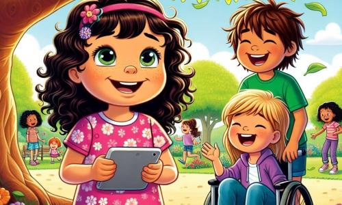 In a sunny park in Sunnyville, three children stand under a large oak tree with bright green leaves. Mia, a seven-year-old girl with curly brown hair and sparkling eyes, looks at her friends with a shy smile. She wears a pink dress with flower patterns. To her right, Leo, a seven-year-old boy with messy blond hair and a big smile, shows Mia a tablet, laughing heartily. He is dressed in a blue t-shirt and shorts. To Mia's left, Emma, a seven-year-old girl in a wheelchair, has smooth black hair and wears a purple hoodie. She smiles warmly, ready to support her friends. The park is filled with colorful flowers and the laughter of children playing in the distance, creating a joyful and welcoming atmosphere. The main scene shows Mia sharing with her friends the hurtful messages she received in the video game, while Leo and Emma listen attentively, ready to help and support her.