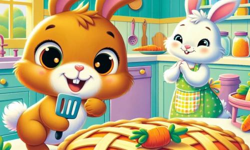 Un pequeño conejo alegre, Lolo, con grandes orejas y un pelaje suave y marrón, salta entusiasmado en una cocina luminosa, sus ojos brillando de felicidad. Sostiene una espátula en sus pequeñas patas, listo para decorar una hermosa tarta de zanahoria. A su lado, su mamá, la Coneja Clara, es una dulce coneja de pelaje blanco y ojos cariñosos, sonriendo con orgullo al mirar a su hijo. Ella está ocupada espolvoreando harina sobre la mesa, creando un ambiente cálido y familiar. La cocina es espaciosa y acogedora, con paredes pintadas de amarillo pastel, estanterías llenas de tarros coloridos y una gran ventana que deja entrar la luz del sol, iluminando la escena de manera alegre. La situación principal muestra a Lolo y su mamá preparando una tarta de zanahoria para el Día del Padre, llenos de emoción y complicidad, rodeados de ingredientes coloridos y una atmósfera festiva.