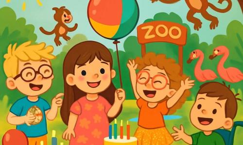 There are 4 children: Eva, a 6-year-old girl with long brown hair and sparkling eyes, wearing a pink dress with flower patterns and holding a colorful balloon; Sam, a 6-year-old boy with messy blonde hair and glasses, in a blue t-shirt with a monkey design, laughing and pointing at a small monkey; Mia, a 6-year-old girl with curly hair and pink glasses, in a glittery skirt, joyfully dancing near flamingos; and Ben, a 6-year-old boy in a wheelchair with brown hair and a big smile, wearing a green t-shirt and playfully spinning around his friends. The scene takes place in a sunny zoo filled with lush greenery and vibrant colors, with exotic animals in the background, including monkeys jumping in trees and flamingos by a shimmering pond. Colorful balloons float in the air, and a large picnic table is decorated with a brightly colored birthday cake. The main situation shows the children having fun together, laughing and playing around the animals, with Eva at the center, holding her balloon and surrounded by her smiling friends.