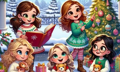 Al centro dell'immagine, quattro bambine sorridenti si trovano attorno a un grande albero di Natale scintillante. Laura, 8 anni con lunghi capelli castani e occhi brillanti, indossa un vestito rosso con motivi di fiocchi di neve e tiene un libro aperto. Sara, 7 anni con capelli biondi ricci e un maglione verde, è seduta per terra, circondata da pacchetti colorati, mentre scarta un regalo. Chiara, 6 anni con capelli castani e occhiali rotondi, è in piedi accanto a Laura e indica una decorazione brillante sull'albero. Elena, 5 anni con capelli neri e una piccola treccia, è seduta in una sedia a rotelle decorata, stringendo un peluche e guardando le sue amiche con gioia. Lo sfondo è un giardino innevato con fiocchi di neve che cadono dal cielo blu chiaro. L'albero di Natale, maestoso e illuminato, è circondato da regali colorati, e le stelle brillano nel cielo. La scena rappresenta un momento magico in cui le bambine scoprono i regali e condividono la loro gioia, simboleggiando lo spirito del Natale e l'amicizia.