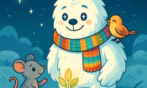 A majestic yeti with bright white fur and gentle star-like eyes stands in the center of the scene, wearing a warm and kind smile. He has a colorful knitted scarf made from the first snows and attentively watches a small group of friends. To his right, a curious little gray mouse with sparkling eyes stands on its hind legs, raising a paw as if asking a question. To his left, a young mockingbird, a sparrow with golden feathers, joyfully sings while perched on the yeti's shoulder. The setting is a silvery plain illuminated by the soft light of stars twinkling like lanterns. Grasses gently sway in the breeze, and in the distance, rounded rocks resembling mossy cushions can be seen. The main scene shows the yeti and his friends joyfully discussing, forming a circle around a small depression in the ground, from which a soft light emanates from a glowing plant, symbolizing their shared dream of protection.