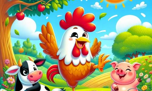 Un gallo di nome Piumino, con piume colorate di rosso e oro, è al centro dell'immagine, sorridente mentre solleva una zampa, pronto ad invitare i suoi amici alla sua festa. Alla sua destra, una mucca bianca e nera, con un grande sorriso, tiene un secchio di latte, mentre a sinistra, un maialino rosa con guance rotonde e occhi scintillanti mostra orgogliosamente un cesto pieno di mele. Lo sfondo è una fattoria soleggiata e incantevole, con campi verdi, fiori colorati e un cielo blu punteggiato di nuvole soffici. La scena si svolge vicino a un grande albero, dove gli animali si riuniscono per celebrare la festa di Piumino, piena di risate e gioia. Gli amici animali stanno danzando e cantando insieme, creando un'atmosfera festosa e divertente.