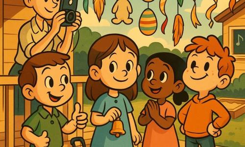 Hay cinco personajes: Luna, niña de 6 años, pelo castaño liso, vestido azul cielo, sostiene una campanita dorada en la mano izquierda y tiene un colgante móvil detrás, en el centro del grupo, con sonrisa dulce; Hugo, niño de 6 años, pelo corto castaño, polo verde, mira a la derecha y hace pulgar arriba, a la izquierda de Luna; Valeria, niña de 6 años, coleta negra, vestido rosa, manos juntas en actitud de oración, a la derecha de Luna; Bruno, niño de 6 años, pelo rojo despeinado, sudadera naranja, posa con el pecho salido al extremo derecho; la maestra Clara, mujer de unos 30 años, pelo rubio recogido, bata clara, sostiene un teléfono retro frente al rostro como para hacer una foto, ligeramente detrás y a la izquierda del grupo. Lugar: porche escolar de madera con barandilla baja y suelo de tablas claras, luz dorada del atardecer; fondo con jardín verde, seto oscuro, arenero y una pequeña ventana abierta; cielo azul pastel con nubes suaves. Decoración: varios móviles de Pascua colgados de la barandilla (cartulinas de colores, conejitos de papel, huevos rayados, plumas y cintas brillantes que flotan). Situación: los cuatro niños posan en fila frente a los móviles que giran con la brisa, la maestra toma la foto mientras las cintas vibran y suena la campanita; ambiente cálido, colores saturados, rasgos redondeados, sombras suaves y reflejos sobre el papel brillante.