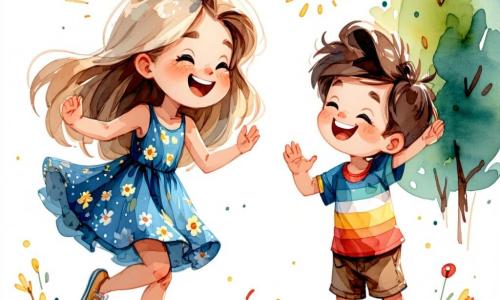 Mała dziewczynka, Zosia, mająca 5 lat, z długimi blond włosami i błyszczącymi od radości oczami, entuzjastycznie tańczy w słonecznym parku. Ma na sobie ładną niebieską sukienkę w kwiaty, a jej twarz rozświetla wielki uśmiech, pokazując szczęście z bycia na wakacjach. Obok niej stoi chłopiec Kuba, mający 6 lat, z rozczochranymi brązowymi włosami i kolorowym T-shirtem, który klaska w dłonie i śmieje się, zachęcając Zosię do tańca. Park jest pełen zieleni, majestatycznych drzew, kolorowych kwiatów i błękitnego nieba. Dzieci bawią się w pobliżu, niektóre malują na płótnach, inne siedzą na kocach na pikniku, tworząc radosną i żywą atmosferę. Zosia tańczy z gracją, otoczona nowymi przyjaciółmi, świętując magię lata i przyjaźni, podczas gdy słońce świeci nad nimi, dodając złotego blasku temu pięknemu dniu.