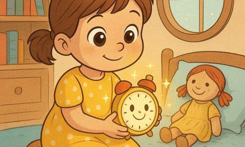 Uma menina de 4 anos, olhos grandes e brilhantes, cabelos castanhos curtos em rabo, veste um vestido amarelo com bolinhas brancas e abraça um pequeno despertador redondo que emite uma luz dourada; o despertador tem um rosto sorridente desenhado no mostrador, botões coloridos e solta pequenas estrelas luminosas; uma boneca de tecido com vestido amarelo desbotado e sorriso bordado está sobre o travesseiro; o quarto é suave e claro — tapete azul macio, estante de madeira com livros coloridos e janela redonda deixando entrar luz suave com poeira brilhante — e a cena transmite o retorno ao presente após uma viagem no tempo, com atmosfera acolhedora, luz dourada e expressão de calma e alegria na menina.
