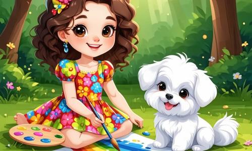 Marisol es una niña de 5 años, con grandes ojos curiosos y cabello rizado castaño, vestida con un vestido colorido de flores. Sonríe alegremente, sentada en la hierba verde del jardín, sosteniendo una paleta de pintura y un pincel, pintando un arcoíris en una hoja grande de papel. A su lado, Pelusa, su pequeño perro blanco de pelo suave, mueve la cola con entusiasmo, listo para jugar. Un poco más lejos, se ve a Juan, un niño de 5 años con cabello negro y gafas redondas, que observa a Marisol sonriendo, sosteniendo una pelota colorida. Lucía, una niña de 5 años con trenzas rubias, está sentada en una manta, rodeada de lápices de colores, dibujando flores. El jardín está lleno de flores coloridas, con mariposas volando y un gran árbol que ofrece sombra. Al fondo, el sol brilla en un cielo azul claro, creando un ambiente alegre y luminoso. La escena principal muestra a Marisol, feliz y creativa, pintando mientras juega con sus amigos y su perro, ilustrando el equilibrio entre el mundo digital y el placer de jugar al aire libre.