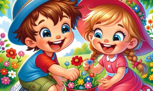 A 4-year-old boy, Max, with messy brown hair and a big joyful smile, is wearing a blue hat and a red t-shirt. He is crouched in the green grass, holding a small red bucket filled with colorful flowers. Next to him, a 4-year-old girl, Anna, with braided blonde hair and a pink dress, is smiling while holding a red flower she just picked. Their eyes shine with happiness. The scene takes place in a sunny park with leafy trees, vibrant flowers, and a blue sky dotted with fluffy white clouds. Max and Anna are laughing together, surrounded by bright colors, searching for flowers in the soft grass, with singing birds in the background.
