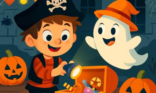Ein 6-jähriger Junge namens Max mit braunem, zerzaustem Haar trägt ein schwarz-rotes Piratenkostüm. Er hat große, leuchtende Augen und ein erstauntes Lächeln, während er eine Taschenlampe hält, die sein fröhliches Gesicht beleuchtet. Neben ihm schwebt ein kleiner Geist namens Fridolin, rund und weiß, mit großen freundlichen Augen und einem lustigen Hut, fröhlich in der Luft. Sie befinden sich in einer alten, geheimnisvollen Villa mit grauen Steinmauern, dunklen Fenstern und einem moosbedeckten Dach. Spinnweben funkeln in den Ecken, und Schatten tanzen auf dem knarrenden Holzboden. Die Szene zeigt Max und Fridolin, die gemeinsam die Villa erkunden, umgeben von bunten Halloween-Dekorationen: lächelnden Kürbissen, Lichergirlanden und Papier-Spinnen. Max, mit einem Ausdruck von Entschlossenheit und Aufregung, ist bereit, eine große Kiste voller Halloween-Schätze zu öffnen, während Fridolin um ihn herumwirbelt, bereit für das Abenteuer.