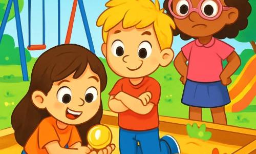 A 6-year-old girl named Mia, with long brown hair and sparkling eyes, is kneeling in a golden sandbox. She holds a shiny gold button in her hand, her face glowing with excitement and wonder. Next to her, Ben, a 6-year-old boy with messy blonde hair and a red t-shirt, looks at the button with a big smile, arms crossed, ready to investigate. Lily, a 6-year-old girl with curly hair and pink glasses, stands behind them with her hands on her hips, looking determined and intrigued. The sandbox is surrounded by colorful swings and slides under a bright blue sky dotted with fluffy white clouds. Green trees with shiny leaves line the park, and colorful flowers add a touch of magic to the environment. Mia, Ben, and Lily are investigating the golden button, wondering where it came from and searching for clues in the sandbox.