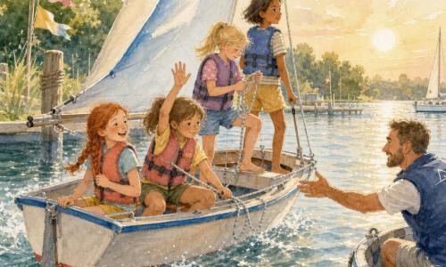 Vijf personen: Noor, 8, lichtbruin haar in paardenstaart, rond gezicht met sproeten, zit midden in de kleine zeilboot, houdt het roerkoord stevig vast en heft licht de hand om te vragen te vertragen; Tess, 8, kort bruin haar, kalme blik, achterin bij het roer, ontspannen en vertrouwenwekkend, kijkt naar de horizon; Mila, 8, rood haar in vlecht, ondeugende glimlach, zit links van Noor en houdt met één hand de giek terwijl ze lacht; Lotte, 7, blond met staartje, telt knopen in het touw, staat achter Noor op de stijgerrand met één voet op de plank; Sam, instructeur, volwassene, licht gebruinde huid en korte baard, donkerblauw vest, in een klein begeleidingsbootje naast hen en steekt de hand uit om te helpen. Plaats: kleine jachthaven aan een rustig meer, lichte houten vlonders, verdraaide touwwerk, kleurrijke vlaggetjes, glinsterend water met gouden zonreflecties, groen gras en enkele bomen op de achtergrond. Situatie: een schoolzeilboot vaart rustig maar wordt schuingezet door een sterkere vlaag; zachte zomerse namiddagverlichting in pastelkleuren, met witte gelpenhooglichten op golven en waterdruppels.