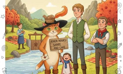 Puss in Boots, proud and gentle, grins with bright green eyes, wearing shiny brown boots and a wide-brimmed black hat with a red feather while balancing a small honey-bread basket on his head; the Marquis, ~22, elegant in a cream shirt and green vest, stands beside him proud and tender; Lila, ~7, in a blue scarf and simple dress, smiles in the foreground holding a painted sign 