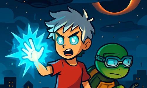 Starlance, an 11-year-old boy with tousled silver hair and eyes shining like stars, stands on the roof of a skyscraper. His face shows intense determination as he raises his hand to focus his cosmic energy, surrounded by a bright blue glow. Next to him, Techno-Turtle, a humanoid turtle with futuristic glasses and a shiny shell, adjusts a complex gadget, his expression focused and serious. The sky is darkened by an eclipse, and a massive, ominous spaceship hovers above the city. Below, the city of Luminara is shrouded in darkness, with the lights of the buildings flickering faintly. The main scene depicts Starlance ready to defend his city, with bursts of light emanating from his hands, illuminating the urban landscape below.
