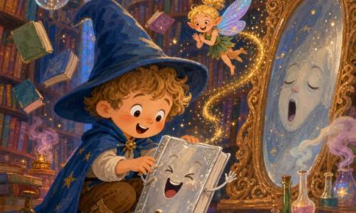 A five-year-old apprentice wizard boy with a round face and light chestnut curls, delighted and joyful, wearing a small blue cape and a slightly oversized pointed hat, crouched tickling a laughing silver book on his lap; a tiny pixie named Pippin with iridescent translucent wings, mischievous and smiling, hovers above his right shoulder clapping and leaving a trail of golden glitter; a large antique mirror leans against a shelf with a carved wooden frame and a half-closed, yawning smile reflecting sparks; the high‑ceilinged magical library has curved wooden shelves, hanging glass chandeliers with tiny glowing stars, colorful floating books and steaming potions on a stone table—an enchanted, playful, warm scene in shimmering pastel gouache textures with soft lines and twinkling lights.
