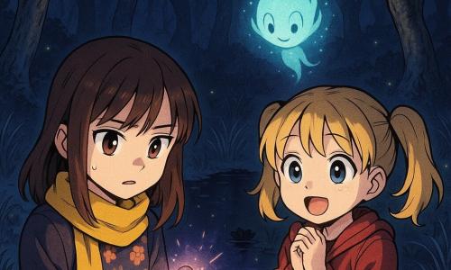 Three characters: Lily, about 9, straight chestnut hair, bright yellow scarf, floral dress, cautious expression, holding a small sparkling stone slightly left of center; Emma, about 8, blonde pigtails, curious smile, red jacket, hands clasped in excitement, standing to Lily's right and looking at the stone; a forest spirit — a small floating blue-green flame with gentle eyes, shimmering aura and light filaments — hovering above the pond at the rear center like a living lantern. Setting: a night clearing by a dark pond with mirror-like water reflecting violet and gold, black water lilies, silvery tall grass and twisted tree trunks, low bluish mist and scattered fireflies. Main situation: the girls just found a glowing heartstone at the base of an ancient tree by the pond; the stone pulses soft pink light while the spirit floats above the water casting a mysterious halo; the mood is slightly unsettling but magical, long shadows and a sharp contrast between the warm glow of the stone and the cold darkness of the forest.