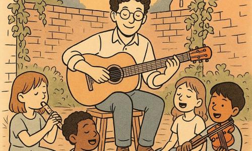 Un uomo sulla trentina, Tommaso, è seduto su un piccolo podio di legno, con una chitarra. Ha un volto sereno e sorridente, con capelli ricci e occhiali rotondi. Intorno a lui, un gruppo di quattro bambini, due ragazze e due ragazzi, di circa 8 anni, sono seduti in cerchio. Una ragazza suona il flauto, un ragazzo tiene un violino, e gli altri due cantano gioiosamente. Sono concentrati e felici, i loro volti illuminati da ghirlande di luci colorate sospese sopra di loro. Il luogo è un piccolo cortile lastricato, circondato da muri di mattoni con piante rampicanti. L'atmosfera è calda e accogliente, con un cielo al crepuscolo sullo sfondo. La scena principale mostra Tommaso e i bambini che suonano insieme, creando un'atmosfera armoniosa e festosa.