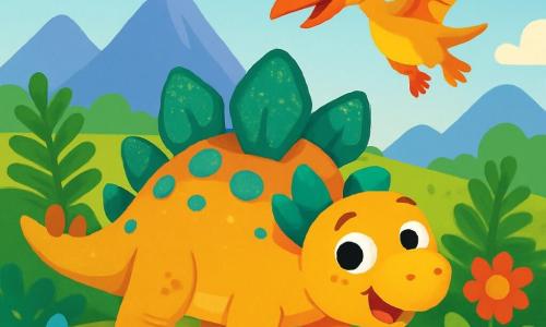 Un mic stegosaurus pe nume Stegi, cu plăci verzi și albastre strălucitoare pe spate, stă în mijlocul unei văi însorite, având o expresie de curiozitate și entuziasm pe față. Lângă el, un mic pterodactil cu aripi colorate, având pene galbene și roșii, zboară vesel pe cer, observându-l pe Stegi cu un zâmbet prietenos. În fundal, valea este plină de ferigi mari verzi, flori preistorice în culori vii și munți măreți sub un cer albastru deschis. Stegi, intrigat de urme misterioase pe sol, se pregătește să le urmeze pentru a descoperi noi prieteni în această aventură palpitantă.