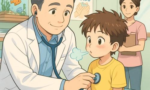 Dr. Sam, a middle-aged man with a round face, short salt-and-pepper hair, a gentle smile and kind eyes, wearing a slightly wrinkled white coat and a blue stethoscope, leans forward with his hand holding the stethoscope to a child's chest in a calm, reassuring manner; Leo, about 6, with messy brown hair and slightly flushed cheeks, sits on the exam table in jeans and a yellow tee, curiously blowing a big breath at the stethoscope; Nina, around 30 with her hair in a bun, stands near the door holding a notebook, smiling and attentive in the background to the right; the small warm clinic has a colorful fish tank, a 