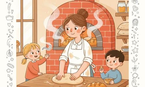 Una panadera sonriente y serena, pelo castaño recogido, delantal blanco con harina, amasa masa pegajosa en una gran mesa de madera; a su izquierda, una niña de unos 5 años, rubia con coletas y ojos maravillados, mira por la ventana y extiende la mano hacia el olor del pan; a la derecha, un niño de unos 7 años, moreno, sostiene un pequeño cuenco de miel con migas en los dedos; al fondo, un gran horno de ladrillo emite luz naranja y vapor, hay sacos de harina y frascos en estantes de madera, la panadera saca panes dorados y crujientes con corteza brillante y vapor que sube, creando una atmósfera cálida y acogedora en tonos ocres, naranja y crema.