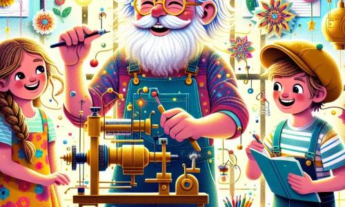 Personajul principal, un bărbat jovial numit Domnul Pufos, are o barbă mare, albă și pufoasă, asemănătoare norilor. Poartă o salopetă colorată și ochelari rotunzi, zâmbind entuziast în timp ce ține unelte în mâini, pregătit să inventeze ceva magic. Lângă el, o fetiță de 8 ani, cu părul brun împletit și o rochie cu flori, observă cu uimire. Ea ține un carnet mic în care desenează idei pentru invenție. Un băiat de 7 ani, purtând o șapcă mare și un tricou cu dungi, manipulează clopoței, râzând de bucurie încercând să-i facă să sune. Scena are loc într-un atelier luminos și colorat, plin de unelte strălucitoare, mașini ciudate și desene agățate pe pereți. Razele de soare pătrund prin feronerie, iluminând flori din hârtie care decorează spațiul. Situația principală arată cum Domnul Pufos și copiii sunt în plină creație, înconjurați de flori care încep să vibreze și să emită sunete melodioase, în timp ce râd și se încurajează reciproc, pregătiți să realizeze invenția lor incredibilă.